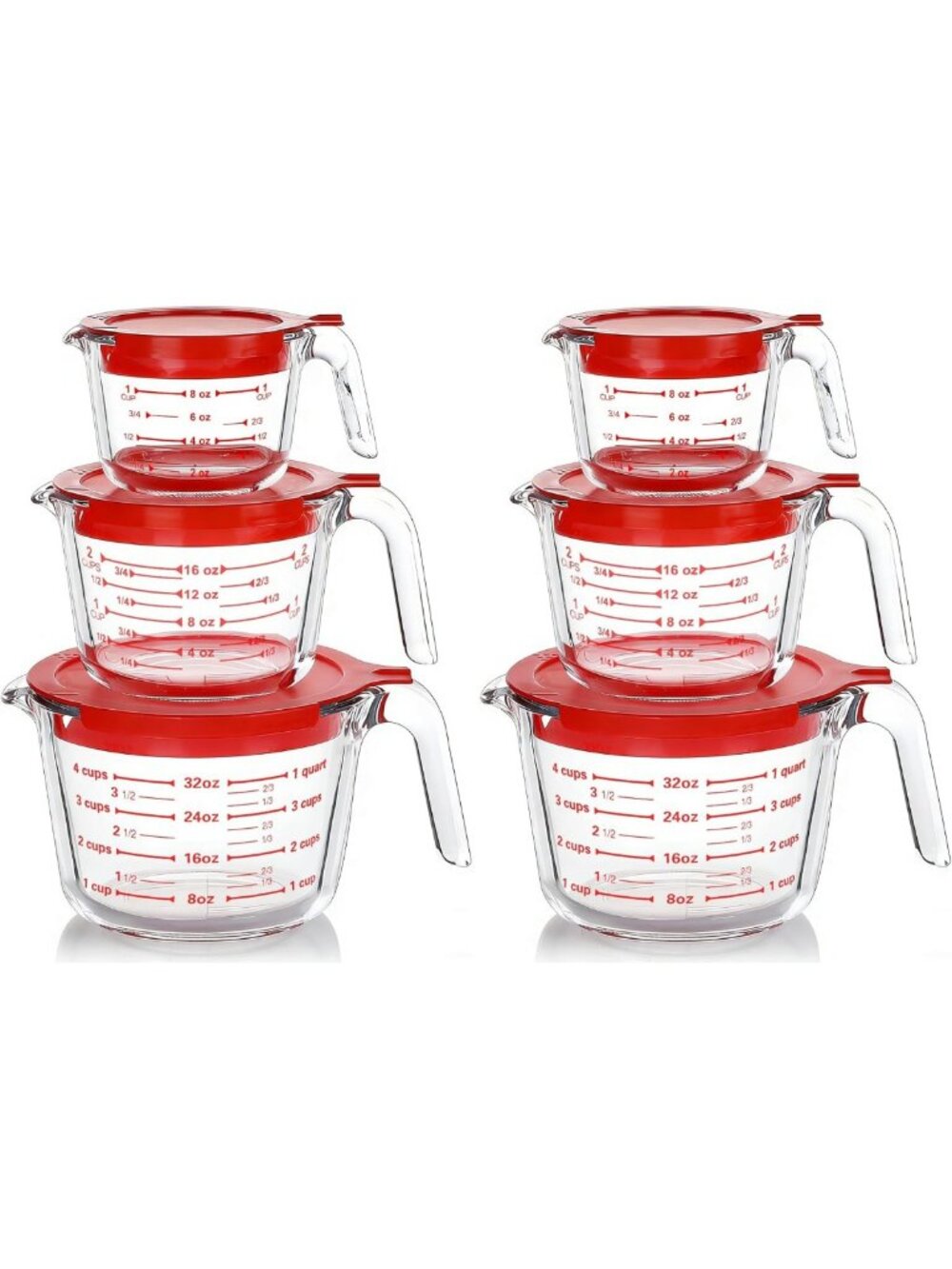 6-Piece Glass Measuring Cups Set with Lids - 1, 2, 4 Cup Kitchen Jugs